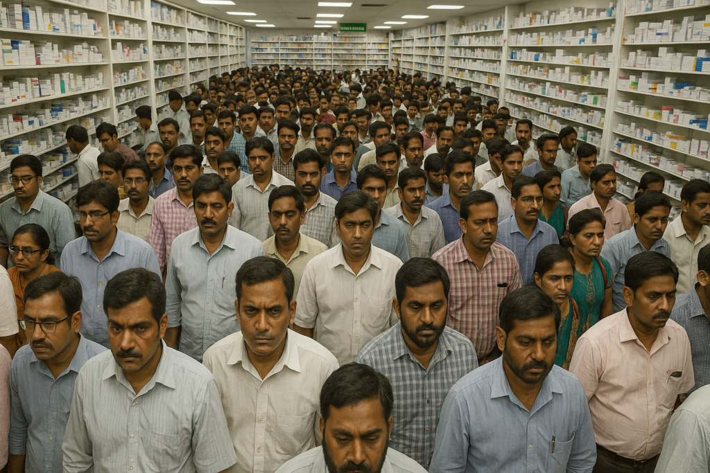 Centinaia di indiani in camicia in un ambiente simile a una farmacia, a rappresentare simbolicamente i lavoratori dietro il caso Builder.AI.