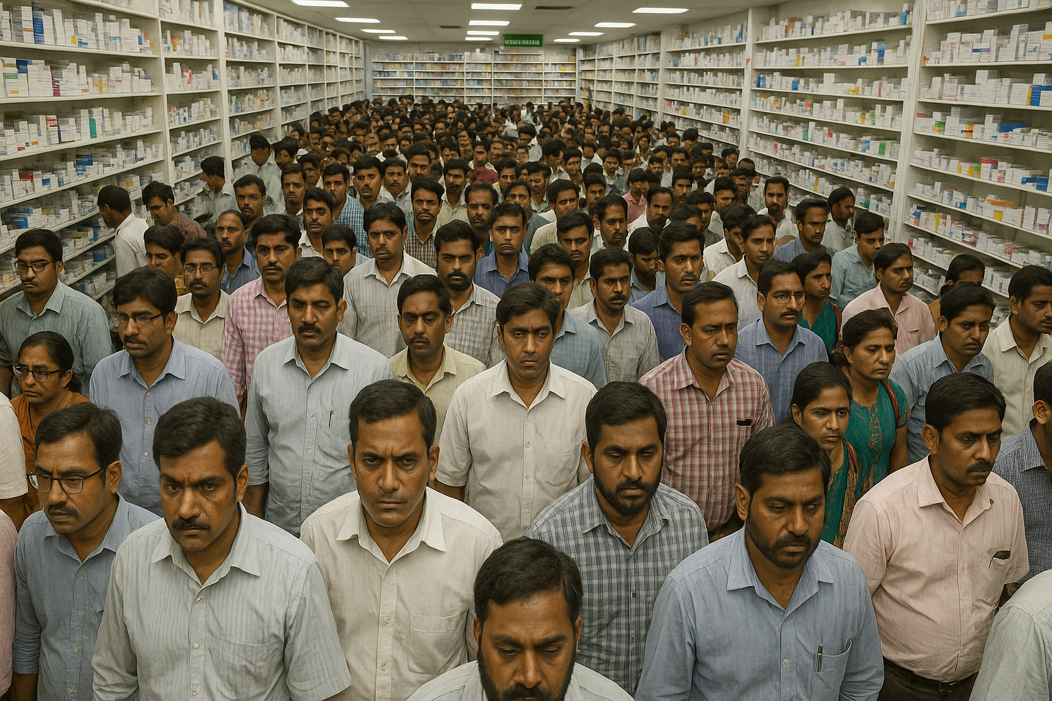 Centinaia di indiani in camicia in un ambiente simile a una farmacia, a rappresentare simbolicamente i lavoratori dietro il caso Builder.AI.